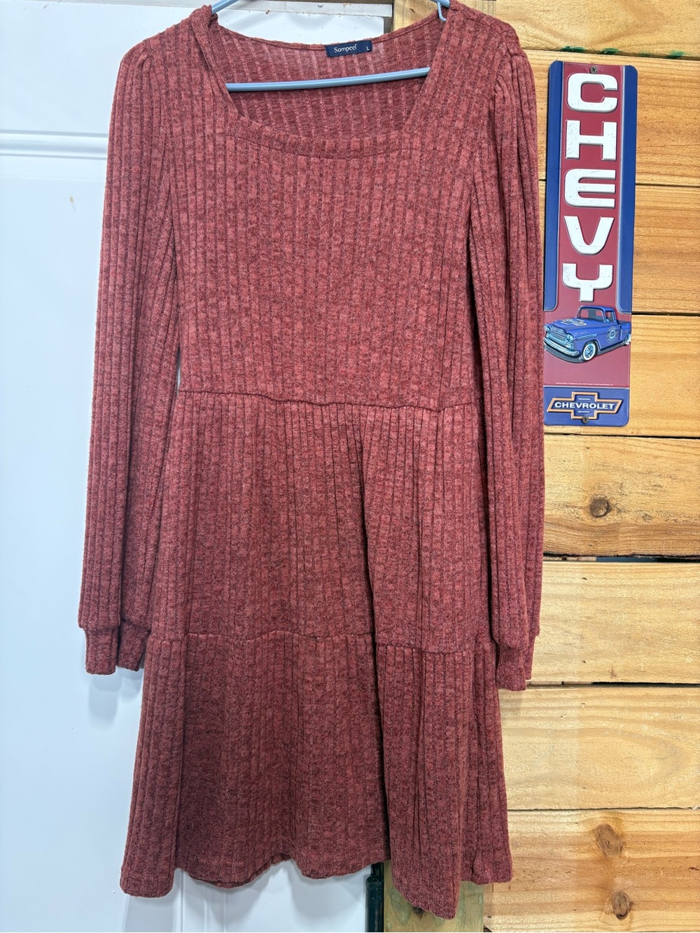 Long Sleeve Ribbed Tiered Kids Dress - Rust Red